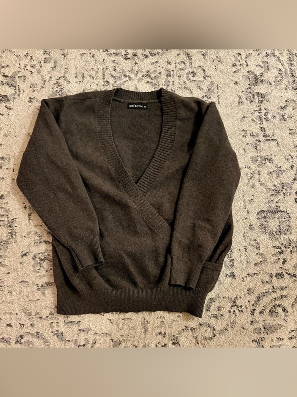Softome Deep V-Neck Wrap Front Long Sleeve Sweater Green XL - Picture 2 of 5